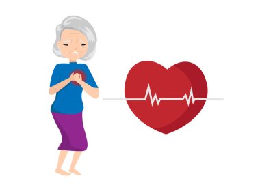 Beyaz arka planda kalp krizi işareti olan göğsünü tutan yaşlı kadın. Kalp ağrısı kavramı, kalp hastalığının semptomu, yaşlıların riski, sağlık ve ilaç. Düz vektör illüstrasyonu.