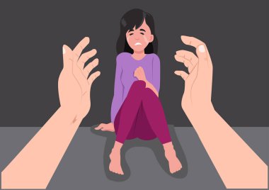 Depresyondaki üzgün ve mutsuz genç bir kadına yardım eden insan elleri oturur, dizlerine sarılan yalnız kız, üzüntü, zihinsel sağlık konsepti, vektör çizimi