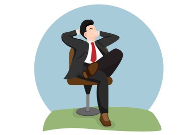 İş adamı sakince bir sandalyede oturuyor bacaklarını çapraz yap ve ellerini başının arkasına koy. İş lideri sakin bir şekilde dinleniyor. Çizim vektörü