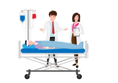 Bir erkek doktor ve bir kadın doktor hastanın kırık kemiğinin durumunu analiz eder ve acil ameliyat gerekir. Vektör illüstrasyonu