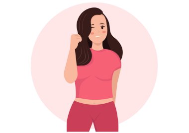 Güç başarısı ve olumlu duygu kavramı. Gülümseyen kadın yumruğunu göstererek başarı, şans ve bazı hedef vektör çizimleri elde ediyor.