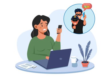 A young woman receives a phone number from a scammer posing as a police officer. Have her transfer money to make up for a crime she didn't commit. clipart