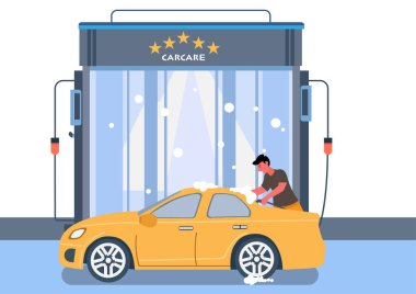 İşçiler sarı arabayı köpük püskürtücüyle yıkayıp cilaladılar..