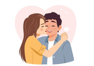 Kız, sevgilisi için ona teşekkür etmek için yanağından öpüyor..