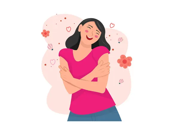 Gülümseyen kadın gözlerini kapar ve kendini kucaklar.