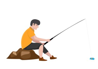 Genç çocuk kayalarda balık tutuyor, beyaz arka plan