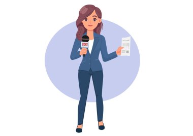 Flat illustration of a female reporter holding a microphone broadcasting a situation report. clipart