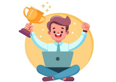 Elinde zafer kupası tutan bir erkek öğrencinin düz çizimi..