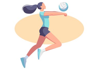 Genç bir kadın voleybol topunu yakalamak için atlıyor ve maçta dövüşmeye devam ediyor..