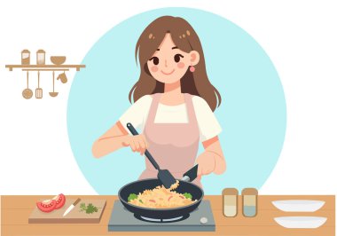 Bir kadın mutlu bir şekilde yemek yapıyor..