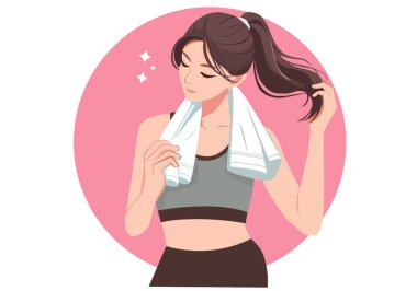 Egzersiz kıyafetleri içinde ve boynunda havluyla bir kadın idmandan sonra terini siliyor..