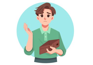 Genç bir adam boş bir cüzdan taşıyor, yüzü endişeli ya da anlaşılmaz görünüyor..