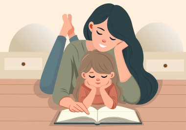 Anne kızıyla birlikte uzanmış kitap okuyor. Atmosfer sıcak..