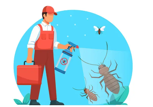 Çalışanlar termitler, karıncalar ve hamamböcekleri için böcek ilacı sıkıyorlar.