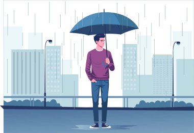 Yağmurda şemsiyesi olan genç bir adam.