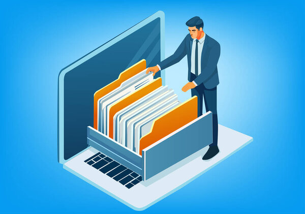 Иллюстрация бизнесмена, ищущего файл в цифровом ящике ноутбука.