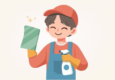 Bardak temizleyen bir erkek çalışanın düz çizimi.