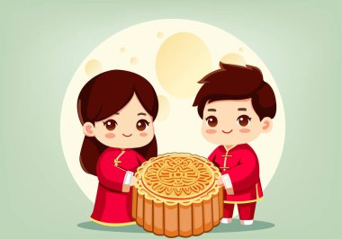 Çinli kostümlü bir kız ve erkek ellerinde ay çöreği var..