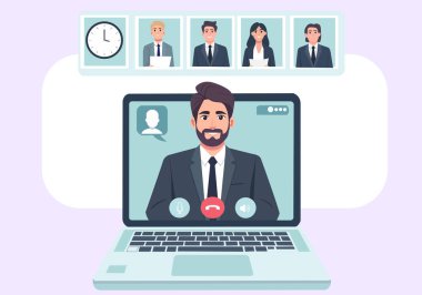 Dizüstü bilgisayarla çevrimiçi toplantıyı (video konferansı) gösteren düz illüstrasyon.