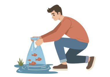 Suya balık salan genç bir adamın karikatür görüntüsü..