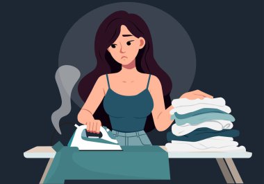 Bir kadın giysileri ütülüyor. Yüzü işteki sıkıntısını gösteriyor. Onun yanında yığılmış bir sürü kıyafet var..