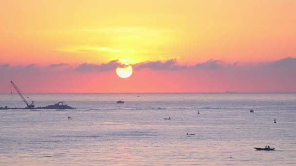 Landscape Estuary Sunrise Clouds Dawn Silhouettes Fishing Boats Construction Equipment — Stock Video