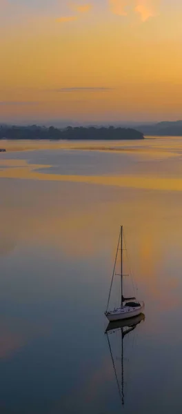 Soft Dreamy Vertical Panorama Sunrise Brisbane Water Clouds Fog Boats — Stock Photo, Image
