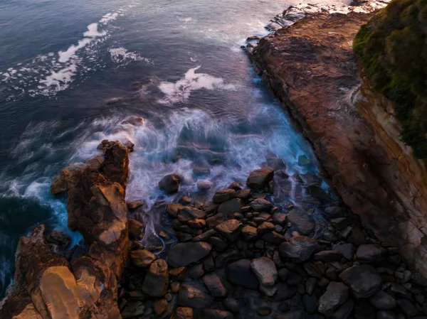 Aerial Sunrise Seaside Rocks Gentle Surf Avoca Beach Central Coast — Stock Photo, Image