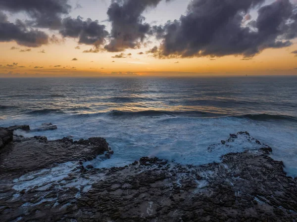 Aerial Sunrise Sea Cape Clouds Rock Platform Good Size Waves — Zdjęcie stockowe