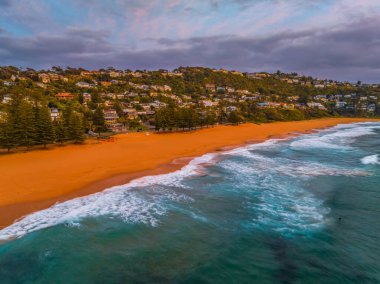 Aerial sunrise over Whale Beach in the Northern Beaches region of Sydney, NSW, Australia. clipart