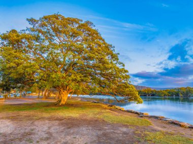 Kanal üzerinde havadan gün doğumu, dağınık bulutlar ile Woy Woy 'da Central Coast, NSW, Avustralya.