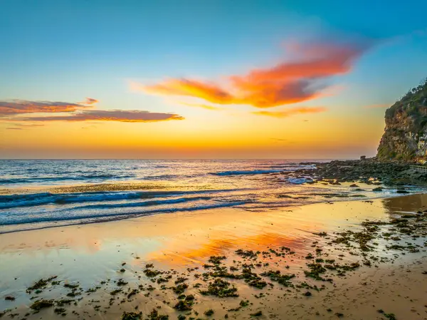 stock image Pretty aerial sunrise with high cloud, seaweed and small waves at  Macmasters Beach on the Central Coast, NSW, Australia.