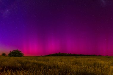 Güney Işıkları - Aurora Australis ve şafak öncesi gece gökyüzü Blayney, Orta Batı, NSW, Avustralya 'da pembe çizgilerle doluydu..