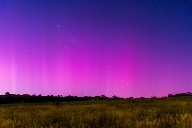 Güney Işıkları - Aurora Australis ve şafak öncesi gece gökyüzü Blayney, Orta Batı, NSW, Avustralya 'da pembe çizgilerle doluydu..