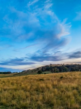 Avustralya, NSW 'nin orta batısındaki Blayney kenar mahallelerinde günbatımı ve yüksek bulutlar..