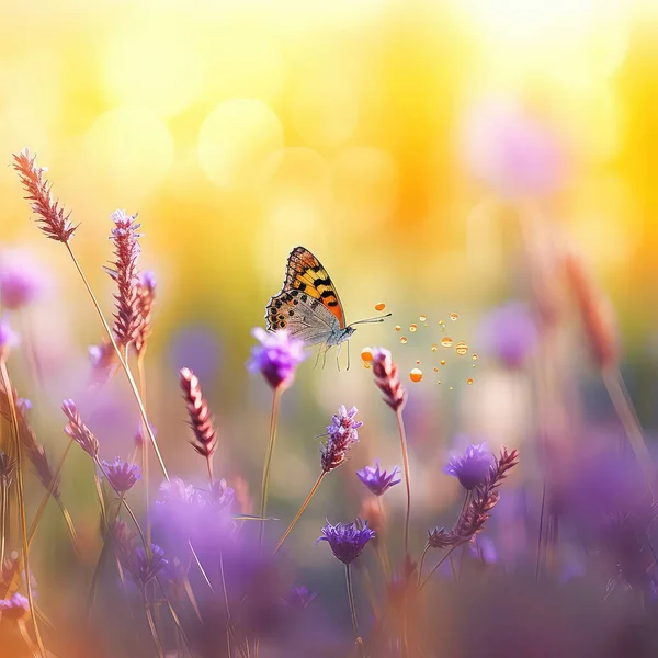Wild Flowers Clover Butterfly Meadow Nature Rays Sunlight Summer Spring — Stockfoto