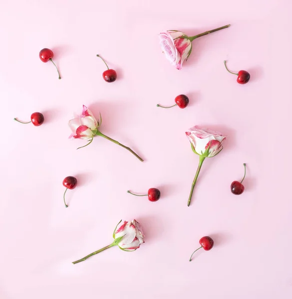 Pattern Made White Magenta Roses Cherries Pastel Pink Background Elegant — Stock Photo, Image