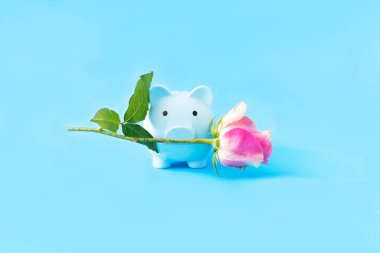 Mavi arka planda pembe bir gül sunan mavi bir kumbara. Sevgililer Günü yaratıcı konsepti. Aşk ve para reklam veya web afişi için çağdaş sanatsal tasarım.