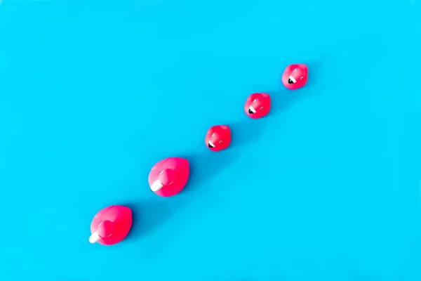 Růžové Plastové Kachny Zarovnané Diagonálně Modrém Pozadí Kopírovacím Prostorem Minimální — Stock fotografie