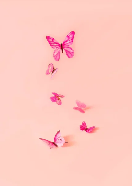Rózsaszín Pillangók Repkednek Pasztell Rózsaszín Háttér Felett Romantikus Tavaszi Tapéta Stock Fotó