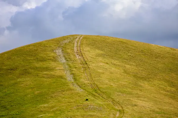 Ben campi di lenticchie, le colline e l 'altipiano di Castelluccio di Norcia, parco nazionale dei Monti Sibillini, Umbria, Italia, durante una nuvolosa giornata estiva, Italia