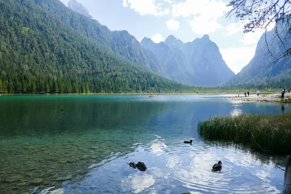 Panorama del meraviglioso Lago di Dobbiaco, Alto Adige, Italia, in una soleggiata giornata di fine state