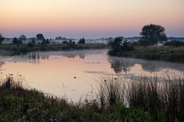 Gölün üzerinde puslu şafak.