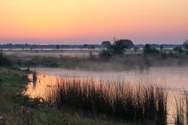Gölün üzerinde puslu şafak.