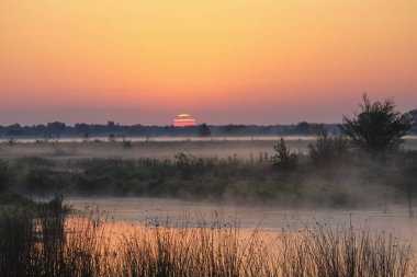 Gölün üzerinde puslu şafak.