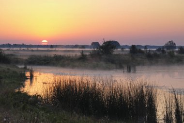 Gölün üzerinde puslu şafak.