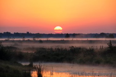 Gölün üzerinde puslu şafak.