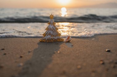 Dekoratif Noel ağacı ve kumlu sahilde gün batımında dalgalanan deniz kabuğu yumuşak ışıkta parlayan okyanus ufku tropik sahil cennetinde kış tatillerinin sembolü.