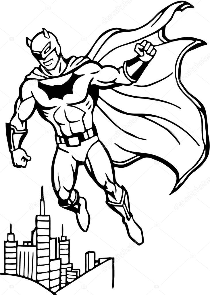 A muscular superhero wearing a bat-themed costume soars through the sky above a modern city skyline, showcasing strength and agility while dressed in a classic cape.