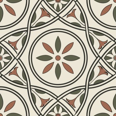 Bu klasik çiçek deseni sessiz yeşil, kırmızı ve bej renklerde karmaşık tasarımlar içerir, ev dekorasyonu, el sanatları veya sanat projeleri için idealdir..